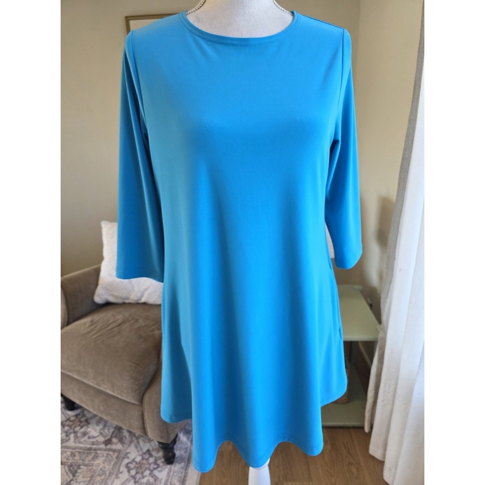 Sympli Tunic Size 8 Turquoise 3/4 Sleeve Made In Canada Flowy With Stretch
